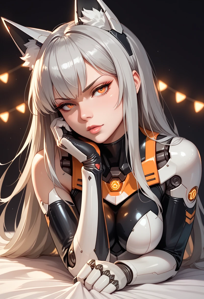 shot from below front、Standing、cute woman、Lots of steam、highest quality、ウルトラ - High resolution、High resolution、Highly detailed CG、8k unit wallpaper、18-year-old、Careful and gentle eyes,Delicate and beautiful smile、Platinum Blonde Hair、Asymmetrical Hair、((( Dark Skin:1.5)))、(Shiny body,:1.5)、 Sweat,Be embarrassed、rabbit ears、(((loose socks、big breasts)))  、(Orange motocross jacket with green details, Biker clothes. Detailed design), Double Peace、Smooth body lines、Smaller butt、I can see my cleavage.                                                                                                                                                                                                                                                                                    