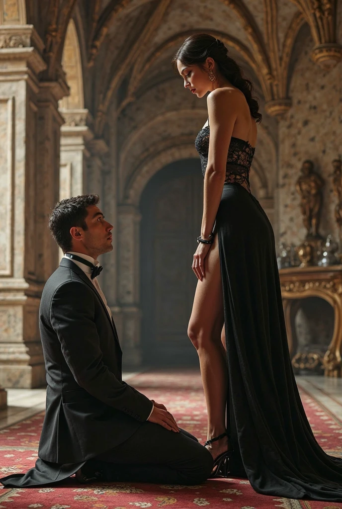 Elegant ambitious villain woman smiling evilly giving advice to a boy