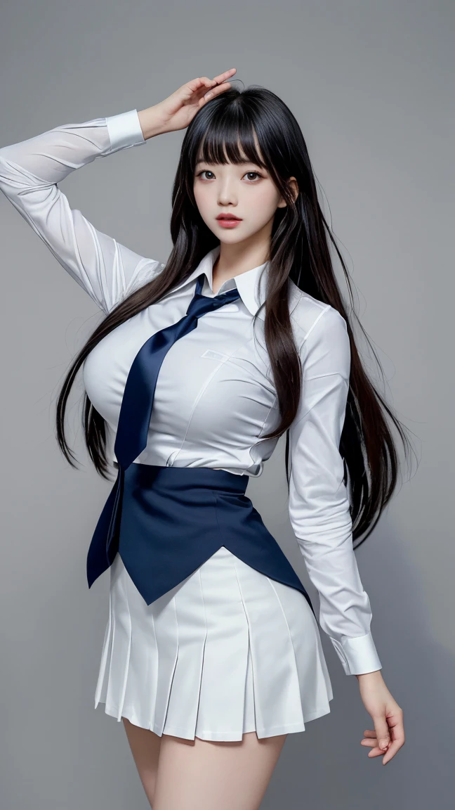A picture of long black hair、Drawing of woman in white shirt, side breasts, Heavy gesture style closeup, Flat anime style shadow, full body illustration, Extra details, Wear a white vest, wearing a vest, Thick border line