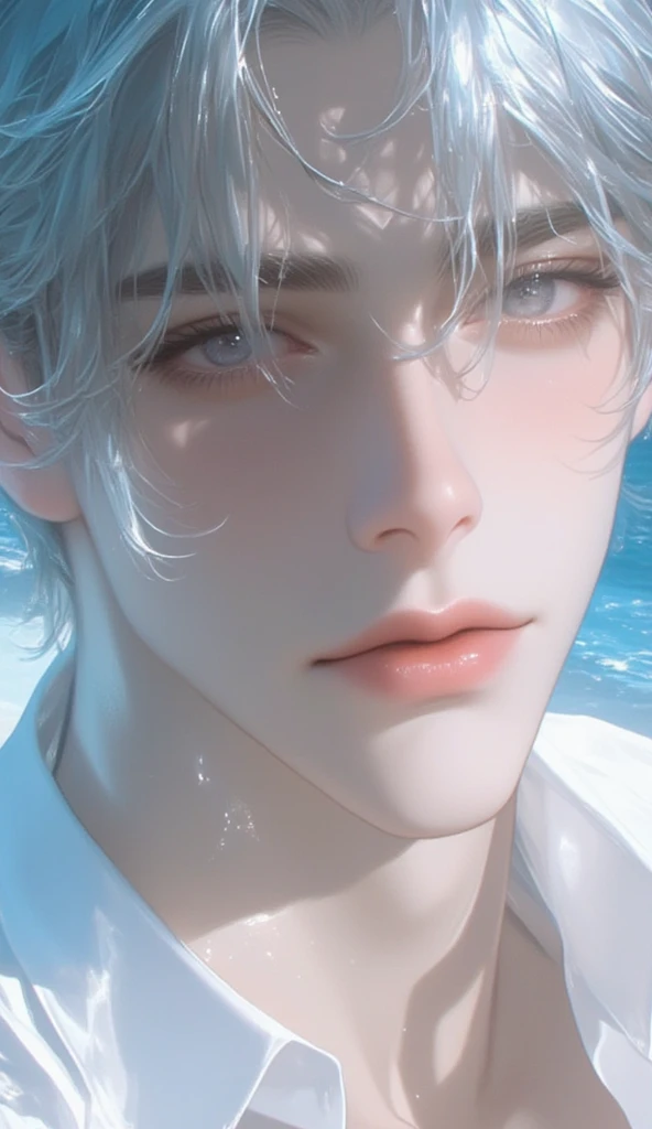 A young boy with white hair,fair skin,handsome,The triangle briefs are wet, so I took half of them off.,裸上半身Soaked in milk,Showing six-pack abs and chest muscles with water droplets on them,Soaked in milk,纖細長腿Soaked in milk,There is a big protrusion from below and milk is spurting out,Soaked in milk,Tilting their head back, they wore an expression of comfort.,Milk flows from the corners of the mouth,Sticking out tongue,Drinking milk,Very shy expression,Milk flows from the corner of the mouth,covered in milk,soak in milk,There's milk on your face too,Milk flows from the corners of the mouth,身上Soaked in milk,Complete character,To the light,The light shines on the abdominal muscles,milk everywhere
