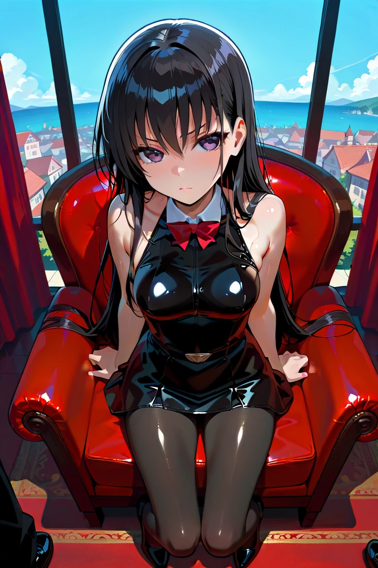 one person, High resolution, High resolution, masterpiece, Anatomically correct, accurate, Winner of numerous awards, Textured skin, retina, Black Hair, Split Ponytail, Slim Body,Slanted Eyes, Contempt/angry gaze, Wide-angle shot, Barrette, anaglyph, Unreal Engine, Black Mini Cheongsam,third seats of a Alphard,Teen,No sleeve,race,AA-cup,Over the knee socks,Makeup that doesn't suit me,シースルー,full body portrait