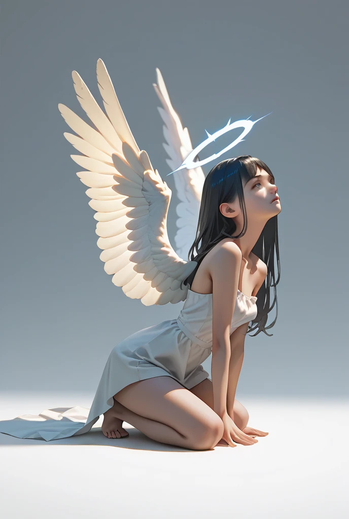 Beautiful young naked angel flying in the sky、Long black hair、bangs