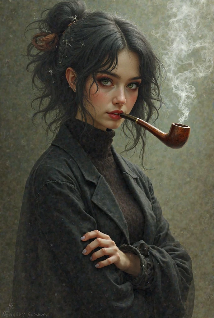 1 tomboy, solo, amber eyes, short brown hair, brown vest, (whit shirt:1.1), black tie, (blue robe with gold trim along the edge:1.2),1 dark blue smoking pipe with blue flame in left hand, gloomy face, bandaged left hand, watch on left hand,