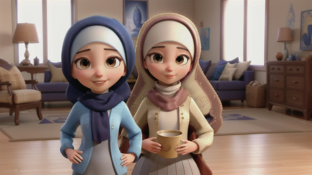All the decor is modern and beautiful. A beautiful girl with a modern Islamic hijab tied to her neck. A character alone in the kitchen with no one else with her. A cartoon in the Disney Pixar style. She eats a cup of milk tea and two fried eggs in the morning.