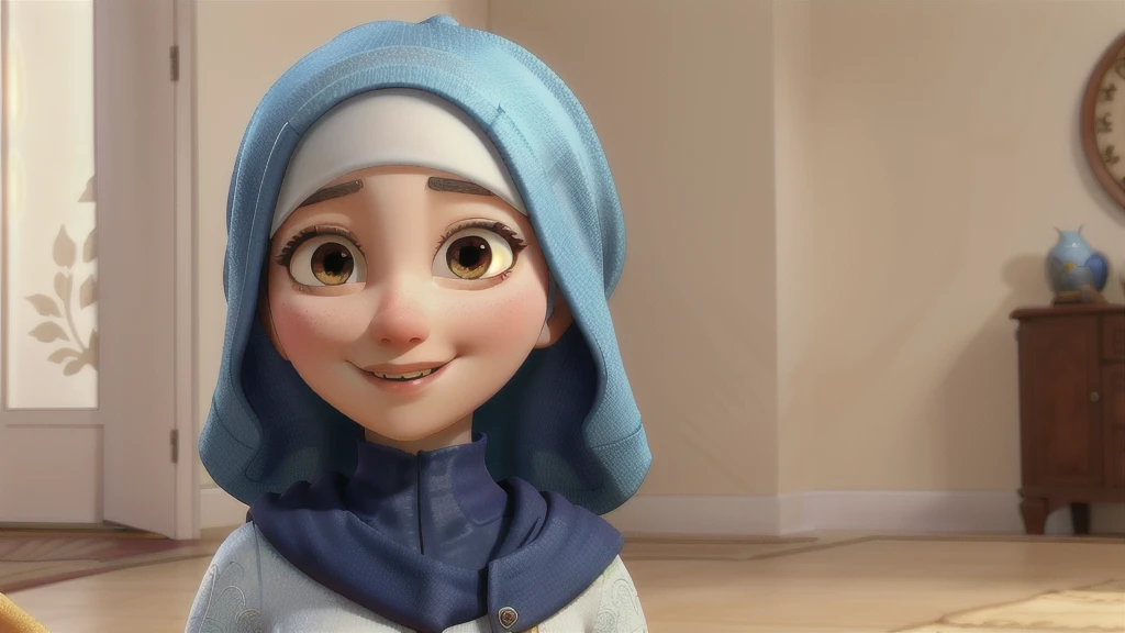 A beautiful young blue-eyed Muslim woman, pivot do jornal da TV, sitting looking ahead friendly