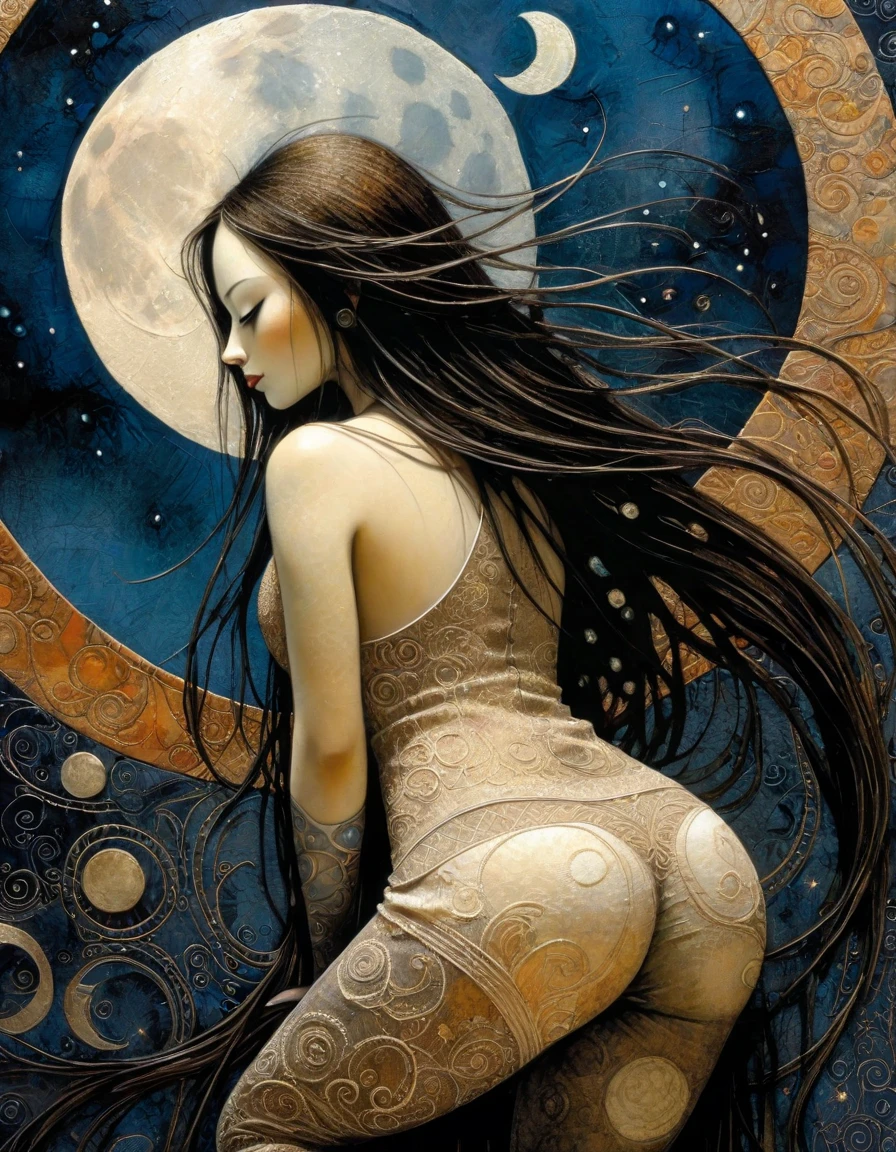 high contrast, brightness, watercolor, a midnight sky with a huge moon floating in it. Silhouettes of a naked Japanese girl illuminated by moonlight, from side, nipples