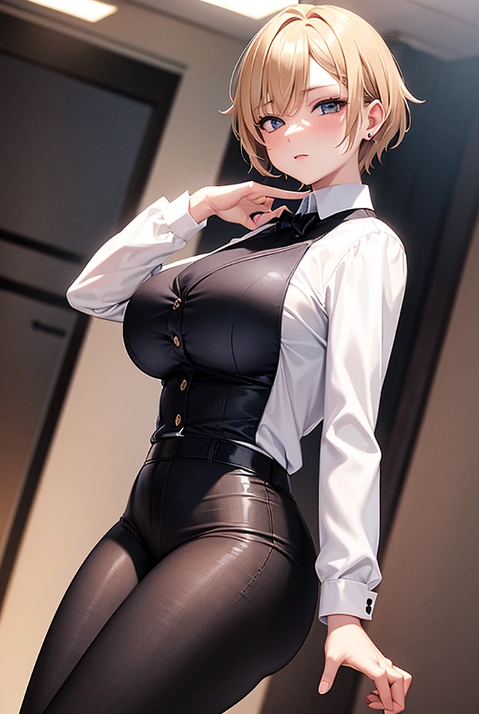 Browsing Caution, (Best image quality,highest quality,Highest Resolution, Ultra-Realistic Images,Very detailed,masterpiece),Blonde Short Hair,((Sticky with sweat)),Big Breasts, Erect nipples, White shirt,A bow tie,((Her shirt is torn, Revealing a flashy bra)),Black slacks,Black leather shoes,Abdominal muscles, Camel Toe,blush, Eyes in Love, Dynamic pose ,Browsing Caution,