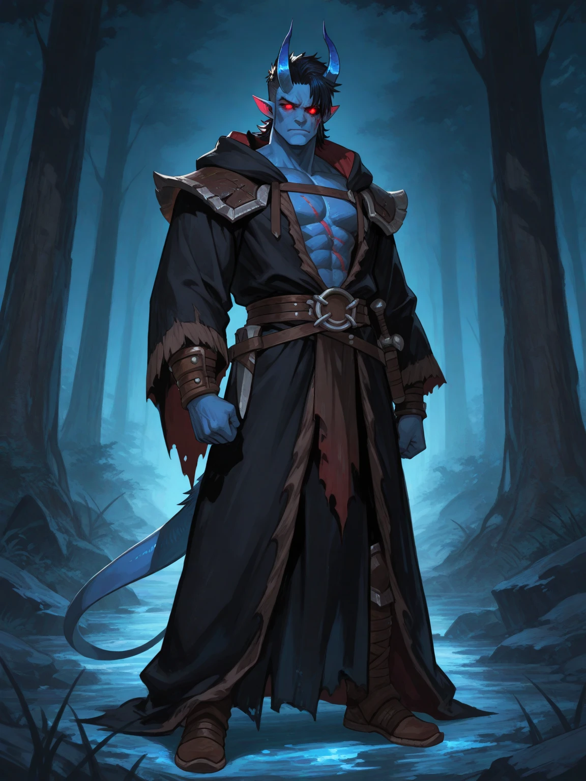 Half orc male, pale gray skin, skin bound amulet (ruby skull),