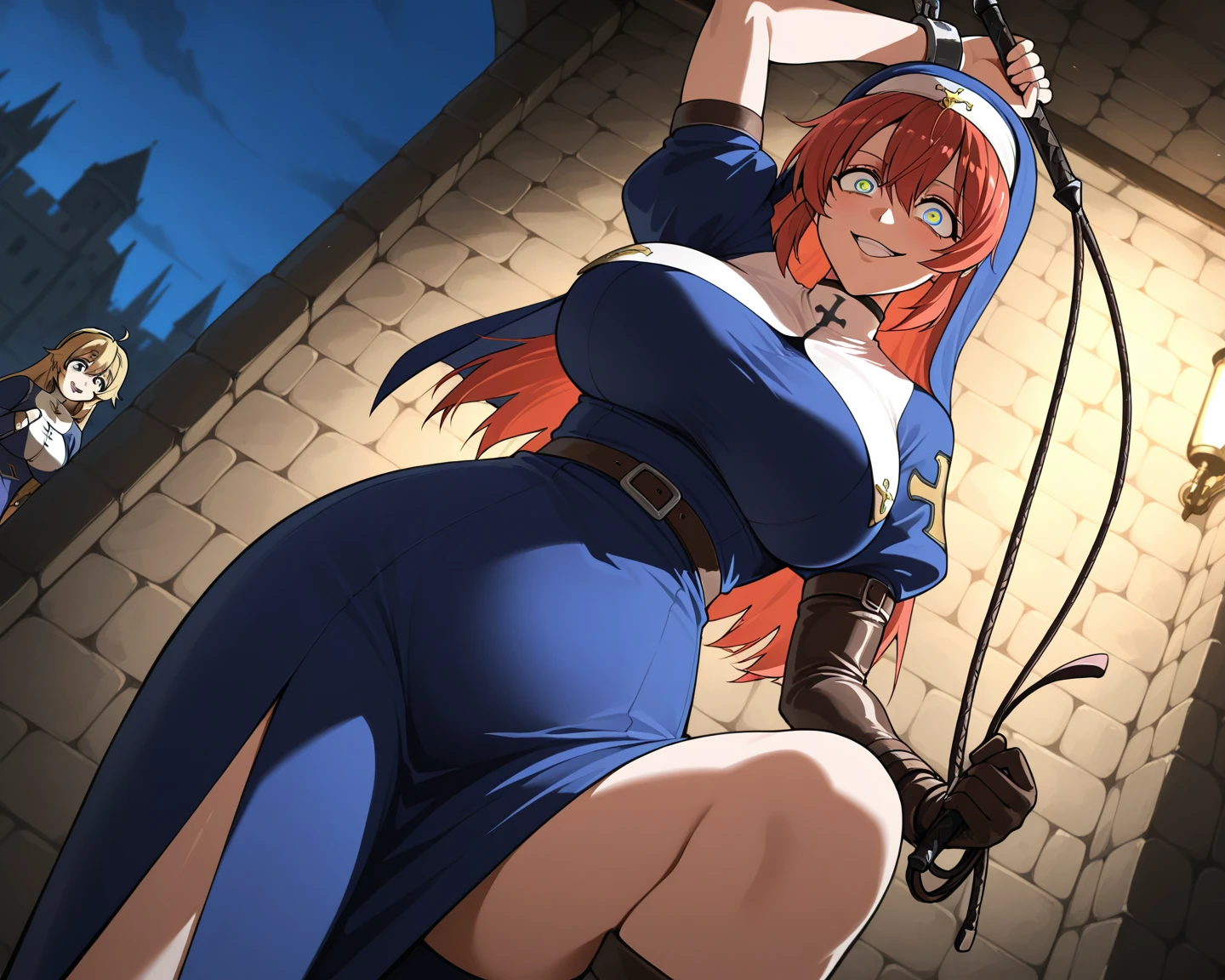 Meisterwerk), high resolution, (Extrem detailliert), fotorealistisch, 女の子1人, (((sehr langes, lockiges, kirschrotes Haar, seductive bright red eyes, largeeyes,  Augen, niedliches Gesicht, kleines Gesicht, Scharfes Gesicht, gorgeous eyes, Blutjung, big legs, dicke Beine:1.7, wahnsinnig schmale Taille:1.3, medium boobs:1.3, flush, (Extrem sexy, sexy, sexy, sexy, sexy, sexy)))), ((Glatte Haut, Weiche Haut, Pralle Haut, blue mages Armor, leotard, highleg, bare legs, belt, embarrassed pose, angry, frustrated, view from above, standing)