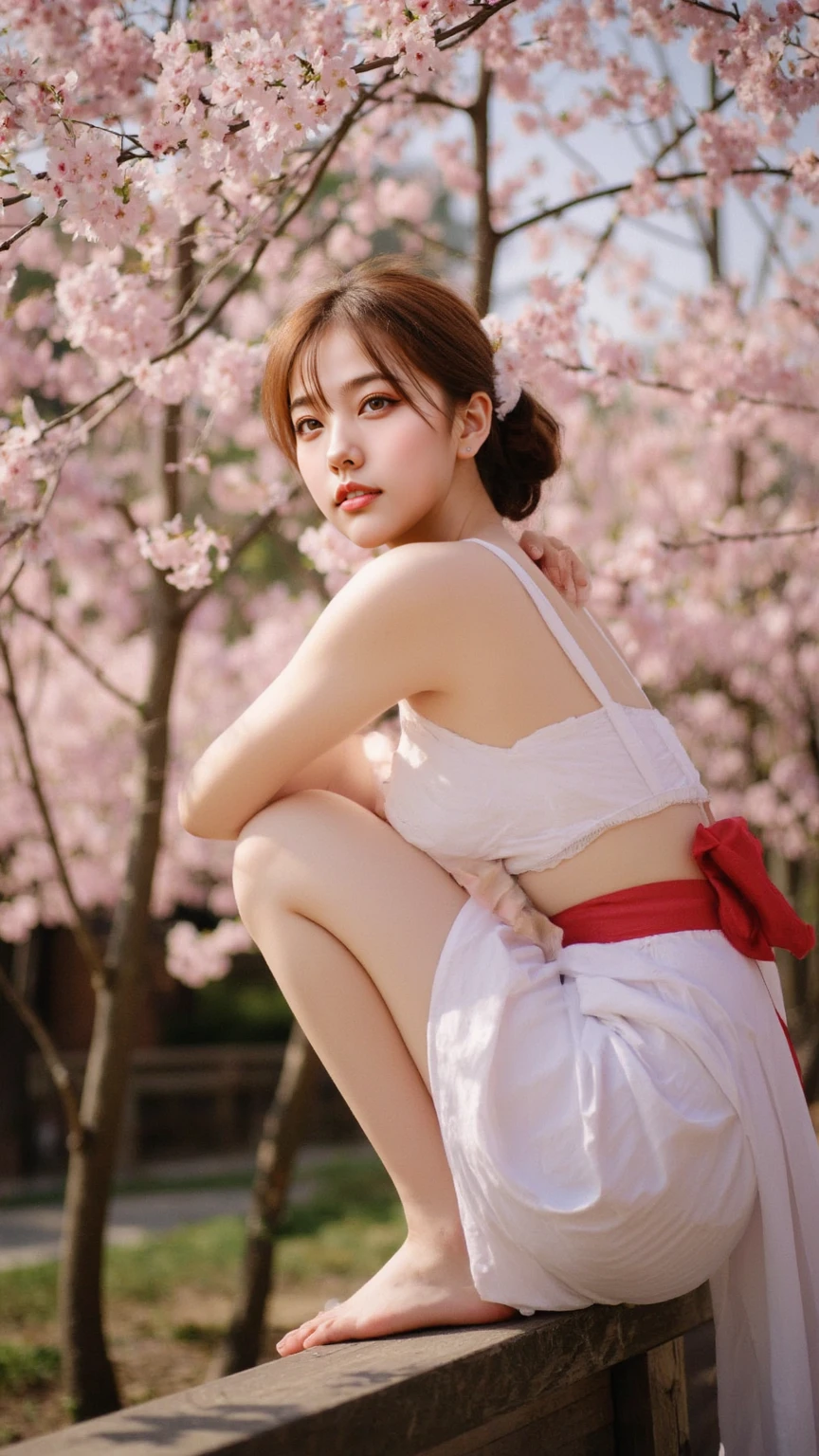 NSFW,8K、highest quality、masterpiece、超A high resolution、photograph、The elegance of beautiful Japanese women、Single-lens reflex camera、There are some good ones too、A transparent atmosphere、sexy lip、slanted bangs、beautiful face、medium long hair、make bangs、shy、natural soft light、22 year old girl wearing a suit、wear a skirt、bank、Cherry tree,sitting on a picnic sheet,legs open,bra is visible,