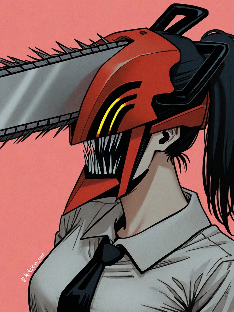 (masterpiece, best quality:1.2), cowboy shot, solo, male focus, 1boy, chainsaw man, chainsaw, sharp teeth, open mouth, tongue, collared shirt, black necktie, sleeves rolled up, black pants, belt