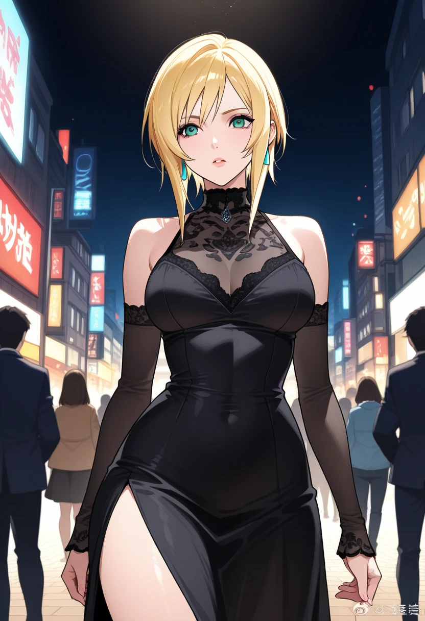 Yor Forger,Masterpiece, Best Quality, high resolution, aayorf, Side locks, gold hair band, hair ornament, Red eyes, gold earring, medium breasts, choker, black slip dress with bare shoulders, Gloves without fingers, thigh high boots, looking at the viewer from behind, outdoor, evening, black fur, butt shapes