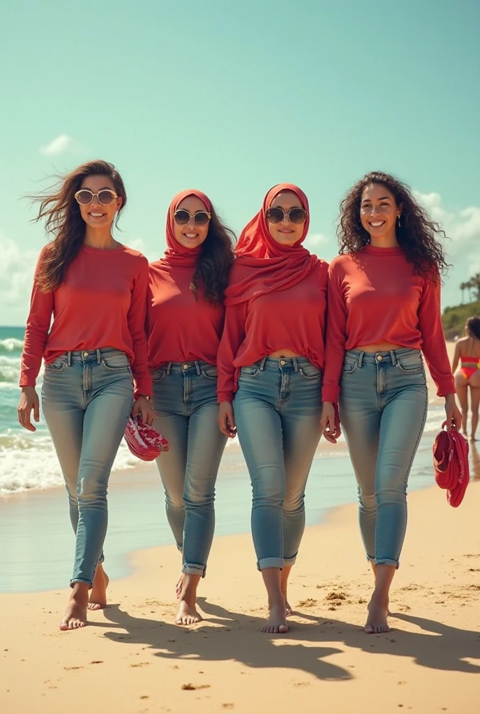 with black headscarf, black skirt, white t-shirt, Brown eyed, 3 barefoot women chatting with men on the beach.