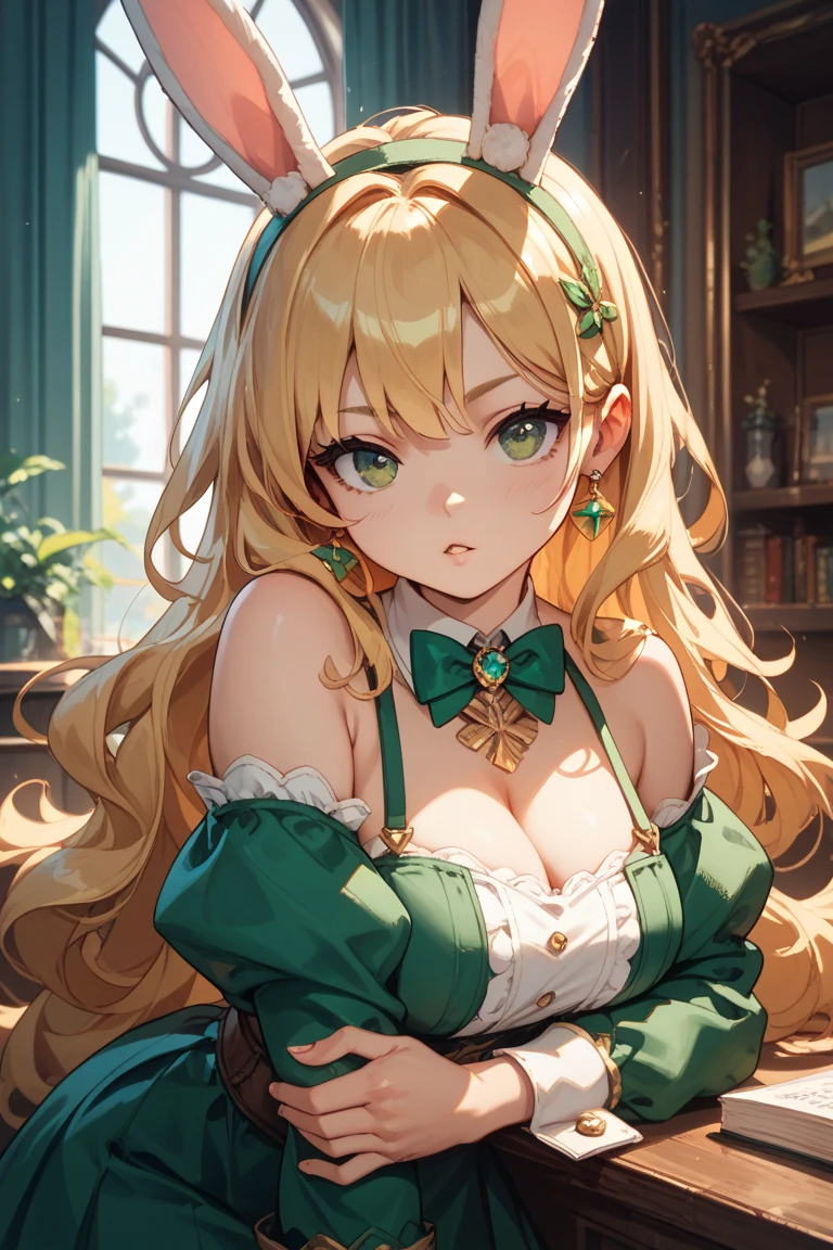 ( ภาพstraight face )) ((best quality)), ((Masterpiece)), (details), Young woman ,cat ears ,yellow hair , beautiful girl hair , according to green , Hot outfit , bright , big breasts , , straight face ,outpost