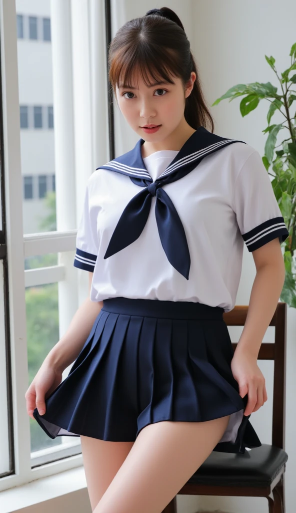 top-quality,ultra-detailliert,masterpiece,realisitic,Photo Real,Bright lighting,1 girl in, Very beautiful 50 years old、(Wrinkles at the corners of the eyes:1.4),Thin smile, (Brown eyes),(brown haired),(bangss),perfect glossy skin,flawless skin,((erotick,Sexy and sexually explicit)),((accurate hands without incongruity)), large full breasts,big breasts thin waist, Look at viewers,((a sailor suit)),((Short sleeve uniform white shirt)),(red necktie),(Blue Mini Pleated Skirt),(((skirt lift by yourself))),(lifted by self),(Showing panties),panties on,panties focus,((Sit up,spread legswide)), sockes, (Black knee socks),(Loafer shoes), during daytime,Hotel,Horizontal long seat with your back to the window