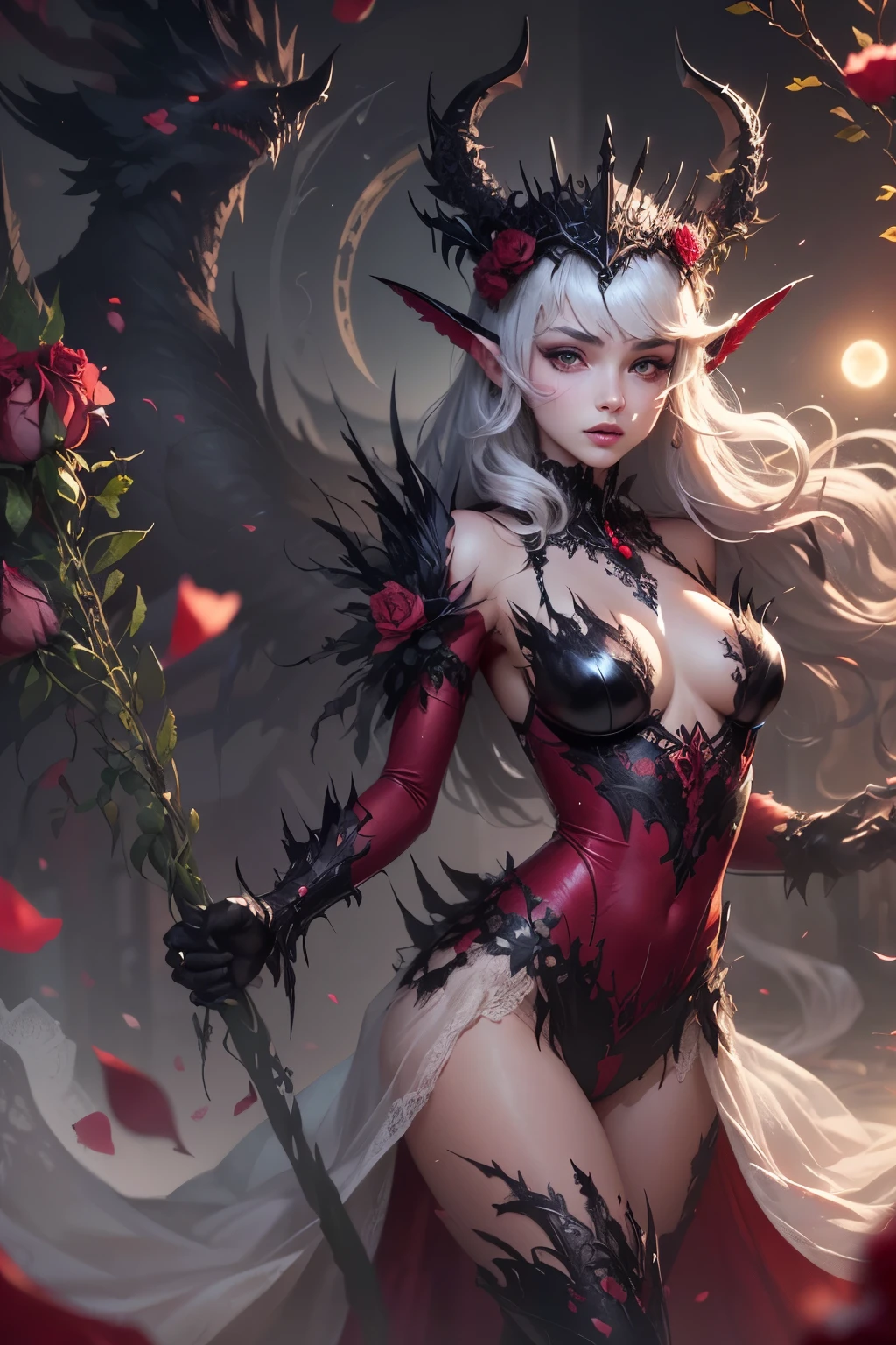 (Ultra-detailed face, Looking Away, Gothic Illustration, Dark Tone Colors.) , BREAK
(The reddish moon makes the roses glow with a deep crimson color. The park is modeled after an old-fashioned garden in the Romanesque architectural style of medieval Europe. Particles of red-colored glowing light are drifting all around.) , BREAK
(The queen of the crimson roses is gracefully twirling rose petals with both hands in bold poses and large movements. Speed Lines. She is surrounded by colorful roses and sharp thorny branches.) , BREAK
(The queen of the crimson roses wears a Venetian mask with a rose motif, mixed black and red hair and eyebrows, a crisp fringe, long wavy hair reaching to her hips, small rose lips, rosy eyes, light gray skin, and eyeliner.), and (She wears a net covering her neck and a shiny rose-colored bib necklace. She wears a classic medieval European-style lace-up dress of jet-black fabric embroidered with crimson roses. She wears rose-colored laced heels with thin rosy laces.)