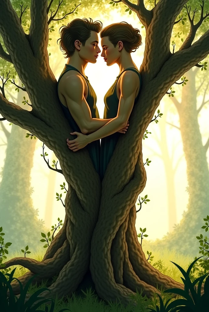 Two bodies, entwined in a passionate embrace, their silhouettes resembling the roots and branches of trees, uniting in the organic, continuous dance of nature. The background is a mystical forest, where the moonlight filters through the dense foliage, casting delicate shadows on intertwined bodies that seem to merge with the surrounding nature.