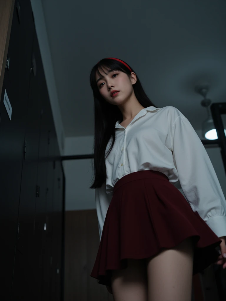 (8k,best quality,masterpiece:1.2),(In reality,realistic:1.4),(RAW photos),perfect details,18-year-old South Korean female model,Korean beautiful girl,Goose egg face shape,wavy curly hair,pure desire,((upper body:5 Point Shirt,black shirt,(Little Red Tie),short sleeve,Crop topping)),(private part:Skirt that hugs the buttocks,black),Wear pantyhose and sneakers,chest이 크다,chest,Butt Lift, skirt lift_up, hotel,rooms,window,stand on all fours