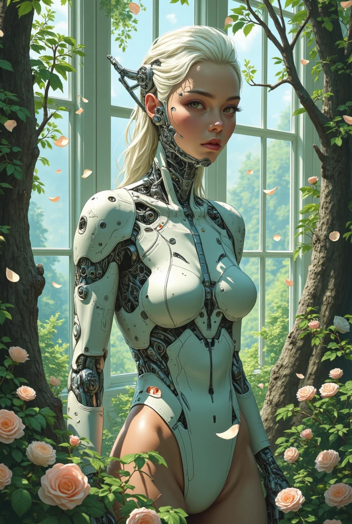 a girl <lora:Reel_mechanical_parts_v_1_3:1>, reelmech, mechanical parts, absurdres, 8k uhd, platinum blonde hair, bob cut, medium breasts, black tshirt, denim shorts, garden background, flowers, magnolias, apple tree, close up portrait