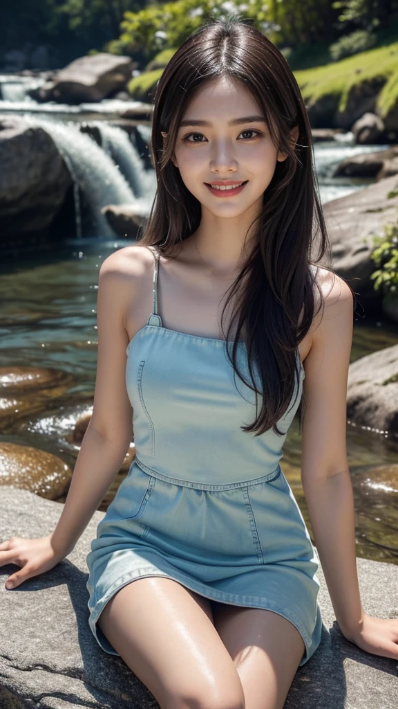 8k, masterpiece, RAW photo, best quality, photorealistic, extremely detailed CG unity 8k wallpaper, Depth of field, Cinematic Light, Lens Flare, Ray tracing, (extremely beautiful face, beautiful lips, beautiful eyes), intricate detail face, ((ultra detailed skin)) 1girl, in the dark, deep shadow, pretty Asian girl, idol, 1 girl, (very slim slender fit-muscled body:1.3), ((looking at viewer)),((big smile:1.3)), (best quality,ultra-detailed,realistic:1.37),portraits,beautiful young girl,youthful female model,riverbank and ((rocks)) or temple or ((bridge)),Sweet girl clothes4, Gemini Dress ,jewelry,sitting under a waterfall,sitting posture,sitting on a rock,drenched all over,masterpiece,extremely detailed description,super fine painting,detailed face,slim figure,long legs,playing in the water,smiling,bright smile