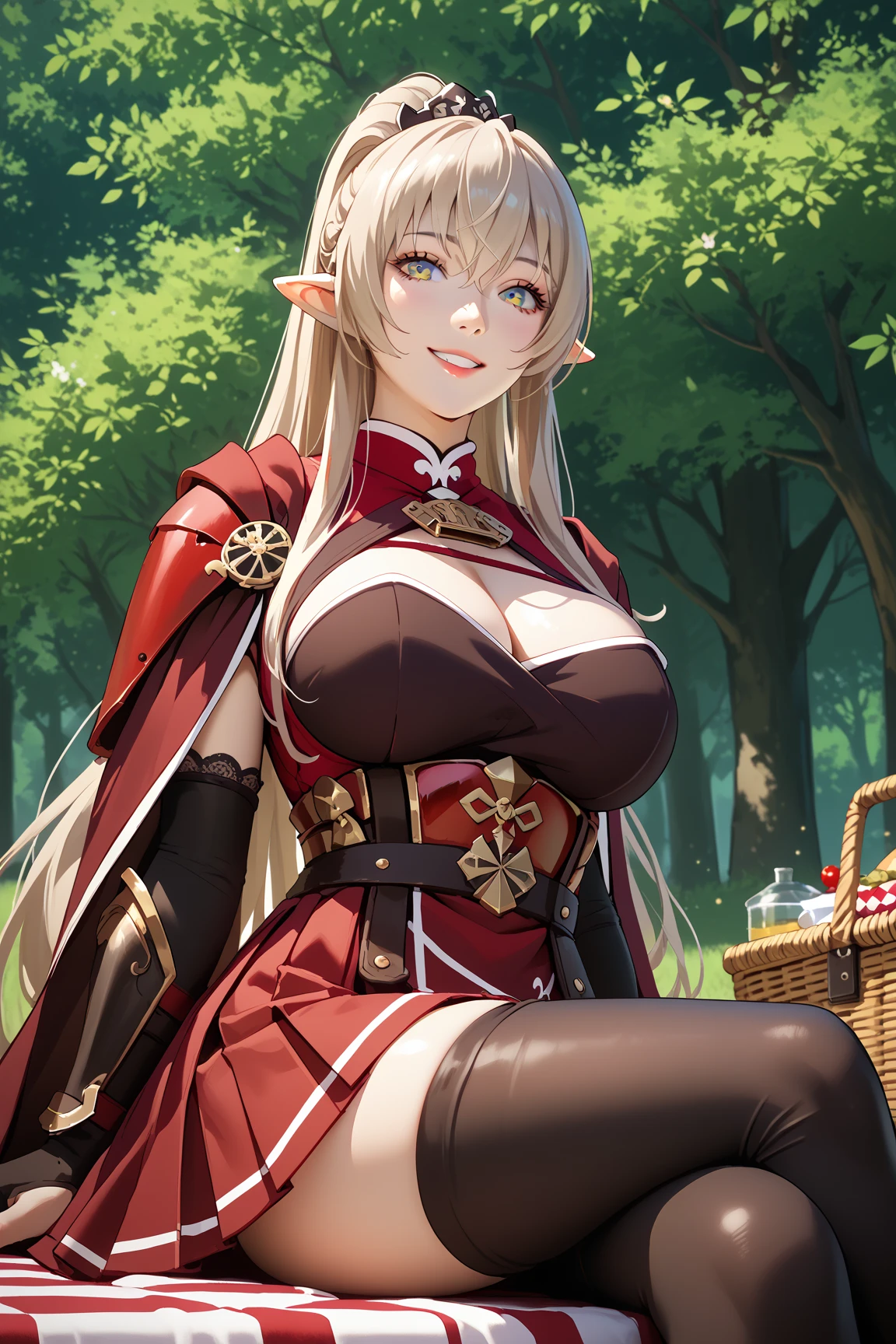 (masterpiece, official art), 1girls, solo, shortstackBT, shortstack, thick, curvy, curvaceous, blonde hair, blue eyes, long hair, elf ears, elf, (tight black full bodysuit), (closeup), portrait, (gigantic breasts), (huge breasts), fluffy breasts, standing, cowboy shot, at river bank, sunlight, looking at viewer, (upper body), grin, seductive, alluring attire, (cleavage), open shoulders