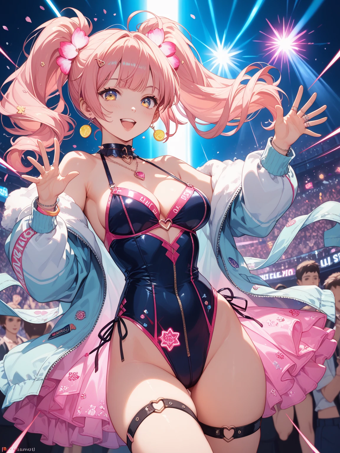 (Highest quality, 8k, 32K, masterpiece, Ultra-high resolution,:1.2),to be born, One Girl,So cute , Casino-like fantasy background, clear, Shining Eyes, Age 25 ,Fair skin, 薄いピンクの髪の毛 girl, Fantasy Clothing, Long Hair, An innocent smile, Small , night, Bunny girl, Rabbit Ears,Nyan Nyan Pose,sexy,Large breasts,Sparkling,Sparklingエフェクト,Rainbow colored leotard