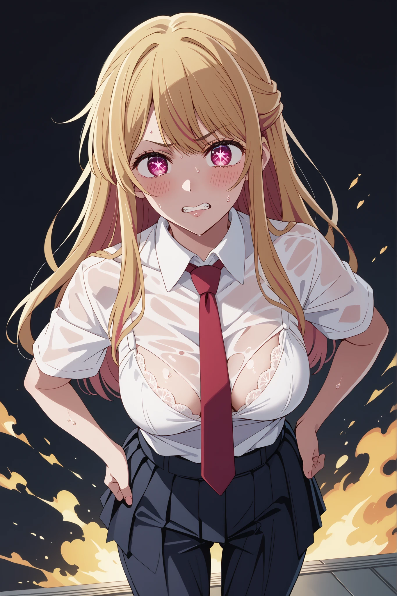 score_9, score_8_up, score_7_up, source_anime, 4K,perfect fingers,(perfect hands, perfect anatomy),prefect lighting, very aesthetic, intricate details,highly detailed background, masterpiece, high quality, best quality,
1girl, rubyhoshino, ruby hoshino, long hair, bangs, blonde hair, pink eyes, sidelocks, symbol-shaped pupils, multicolored hair, two-tone hair, Large breast,dense ,
wearing ((Black , White shirt, tie, Pants visible from short pleated skirt, , )) ,,
Crowded train, girl, lifting her, Pubic hair visible, Dark gray background, (with one girl's immediately open legully with , Leaning on her from behind、Blushing, Troubled eyebrows, Rough breath, Clenching teeth, Burning face, heart pupils, full of sweat, Whole body wet, Bending knees, Reluctance, Watery eyes, Big, soaked,Slouching, Hands on , Closing eyes, Reluctance, Lifting legs,