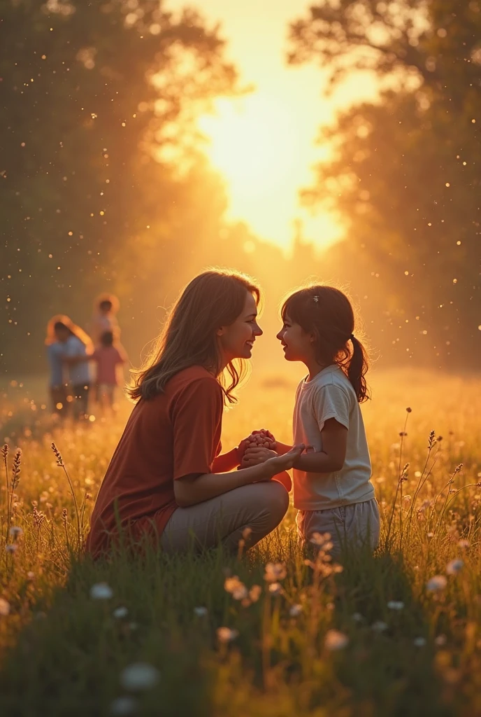 A realistic digital book cover illustration. A 34-year-old woman with long, dark brown hair flowing near her waist and expressive brown eyes is sitting on the grass in a peaceful garden during golden hour. Her features show maturity, strength, and warmth. She holds a joyful  girl on her lap. The , with soft brown curls and bright eyes, points to the sky with wonder and excitement. Samanta looks at her daughter with a tender, loving smile. The warm sunlight highlights their faces and gently touches the garden around them, filled with blooming flowers. In the sky, light rays break through the clouds, subtly symbolizing divine presence without showing a figure. The mood is emotional, peaceful, and full of hope, reflecting a spiritual journey and the promise of something greater.  Style Keywords:

ultra realistic

cinematic lighting

soft shadows

emotional tone

storytelling composition

warm golden tones

mother and daughter love

spiritual symbolism