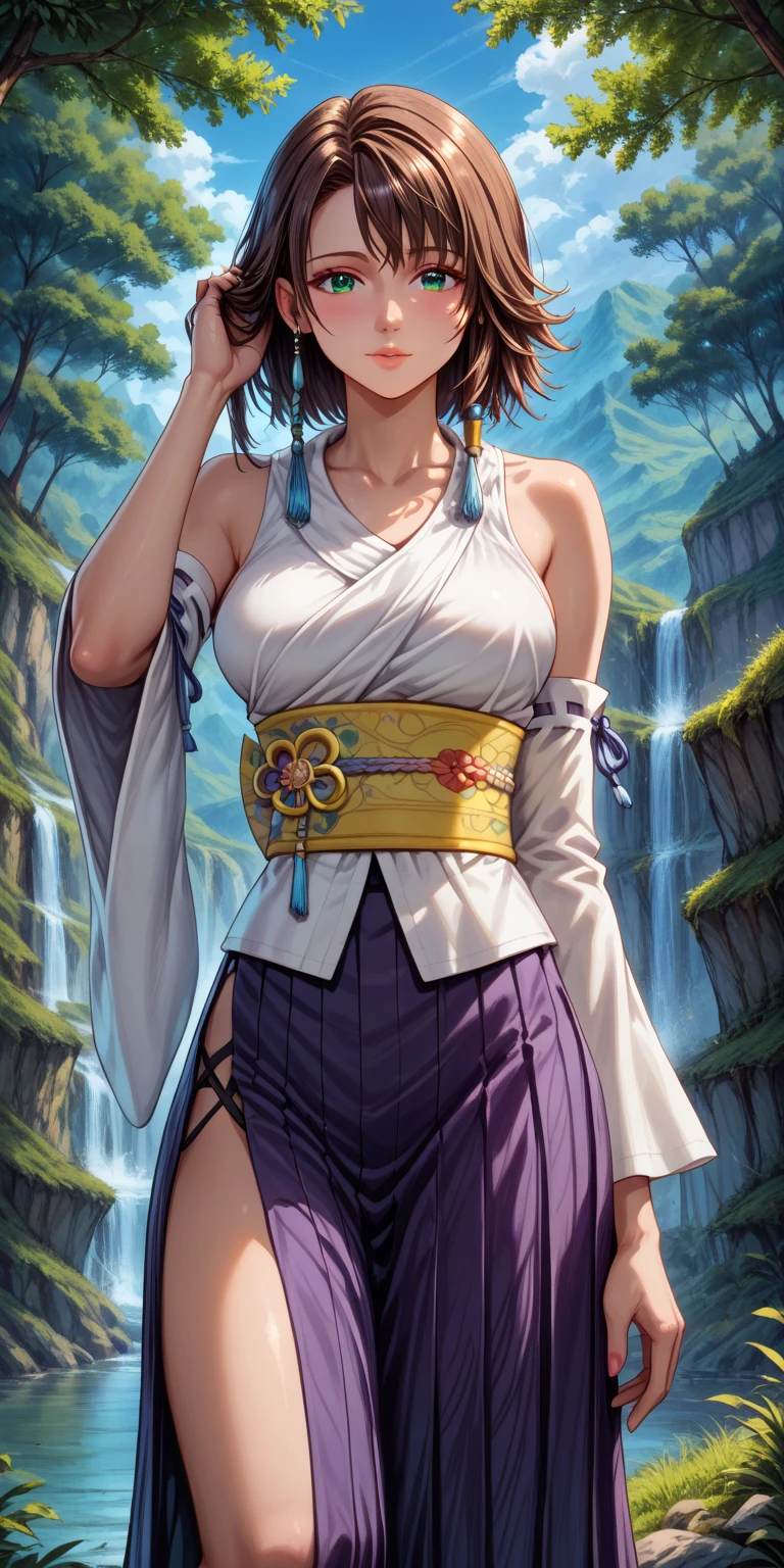 (masterpiece:1.2, best quality:1.2, beautiful, high quality, highres:1.1, aesthetic), detailed, extremely detailed, ambient soft lighting, 4K, perfect eyes, perfect face, perfect lighting, 1girl, solo, huge breasts, huge thighs, narrow waist, wide hips, thick thighs, curvy, standing, holding blue staff, looking at viewer, facing viewer, forest background, water spring, water pool, FFX Macalania, night, blue crystals in background, outdoors, YunaFFX, heterochromia, smile, short hair, YunaOutfit, hair ornament, detached sleeves, hakama, sash, hakama skirt, long skirt <lora:Yuna:1> <lora:add_detail:0.7>