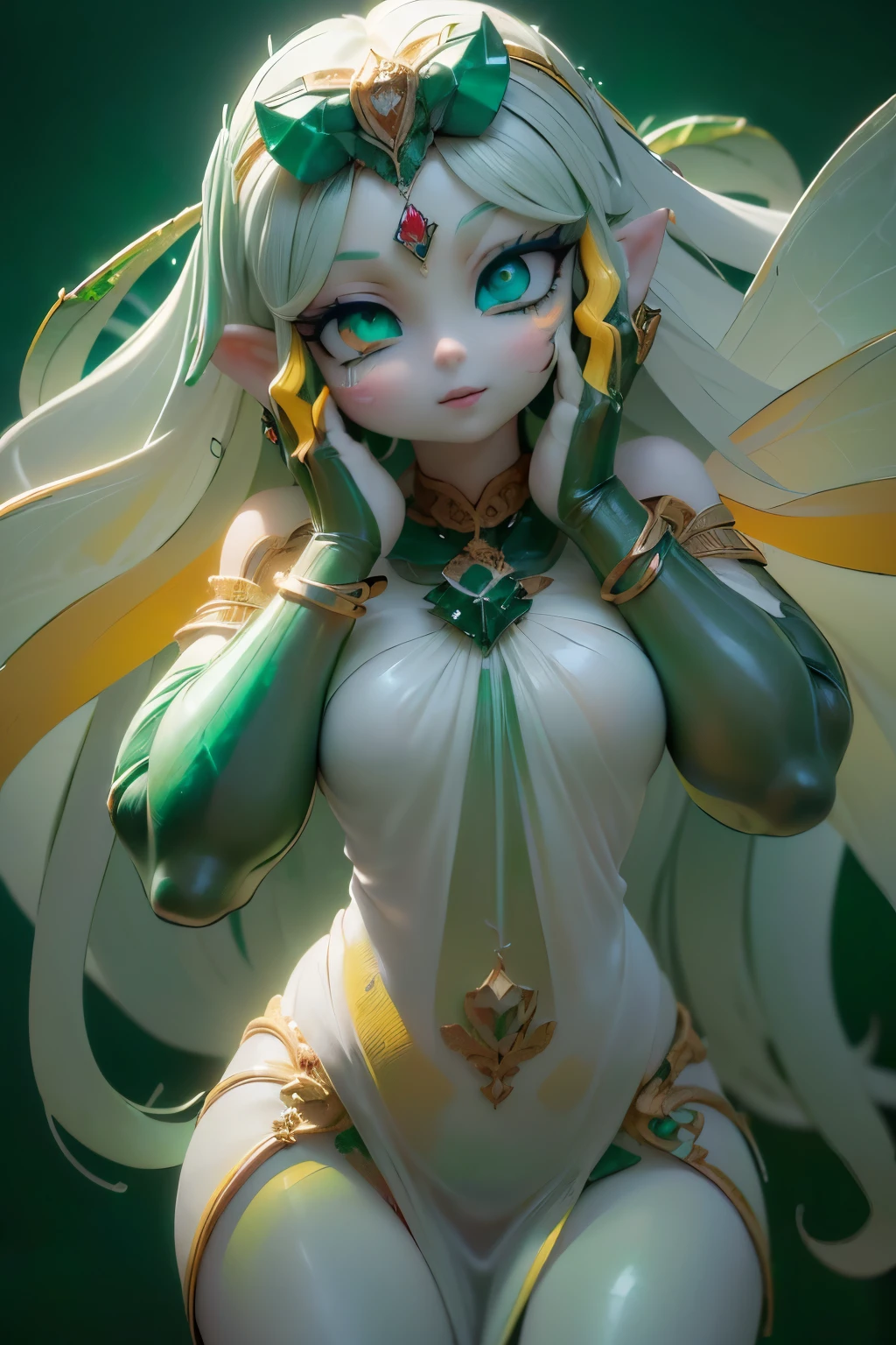 solo, female,cute, cute,small ,skin tone is white in,(succulent plant succulent fairy:1.5),(Skin color is white:2.0),(Anatomically Accurate Hands:2.0),(  ballerina pose  :1.5),(emerald green jewel-like eyes:2.5),(Yellow-green shiny semi-long hair:2.0),(  background is blue sky  とBeautiful fresh green  の森:1.5),(It's accurate even with perfect hands:1.2),(laughing:1.2),(in、背景は青空とBeautiful fresh green の森 {x} A beautiful and luxurious dress like a large transparent dragonfly or agave feathers growing on the back:1.7),(  metallic green:1.5),big cute smile,(非常に詳細なCGwallpaper:1.5),[Dragonfly Wings:1.5],(  background is blue sky  , Beautiful fresh green  , and agave forest:1.5),(8k,very well detailedCGユニットのwallpaper, masterpiece,high resolution, real skin texture ,surrealism,increase resolution,RAW photo,Best Quality,very well detailed,wallpaper,movie lights,  Raytrace  ,table top to pinch,(Face Light:2.0),(Increase overall color saturation:2.0),(cowboy shot:1.5),