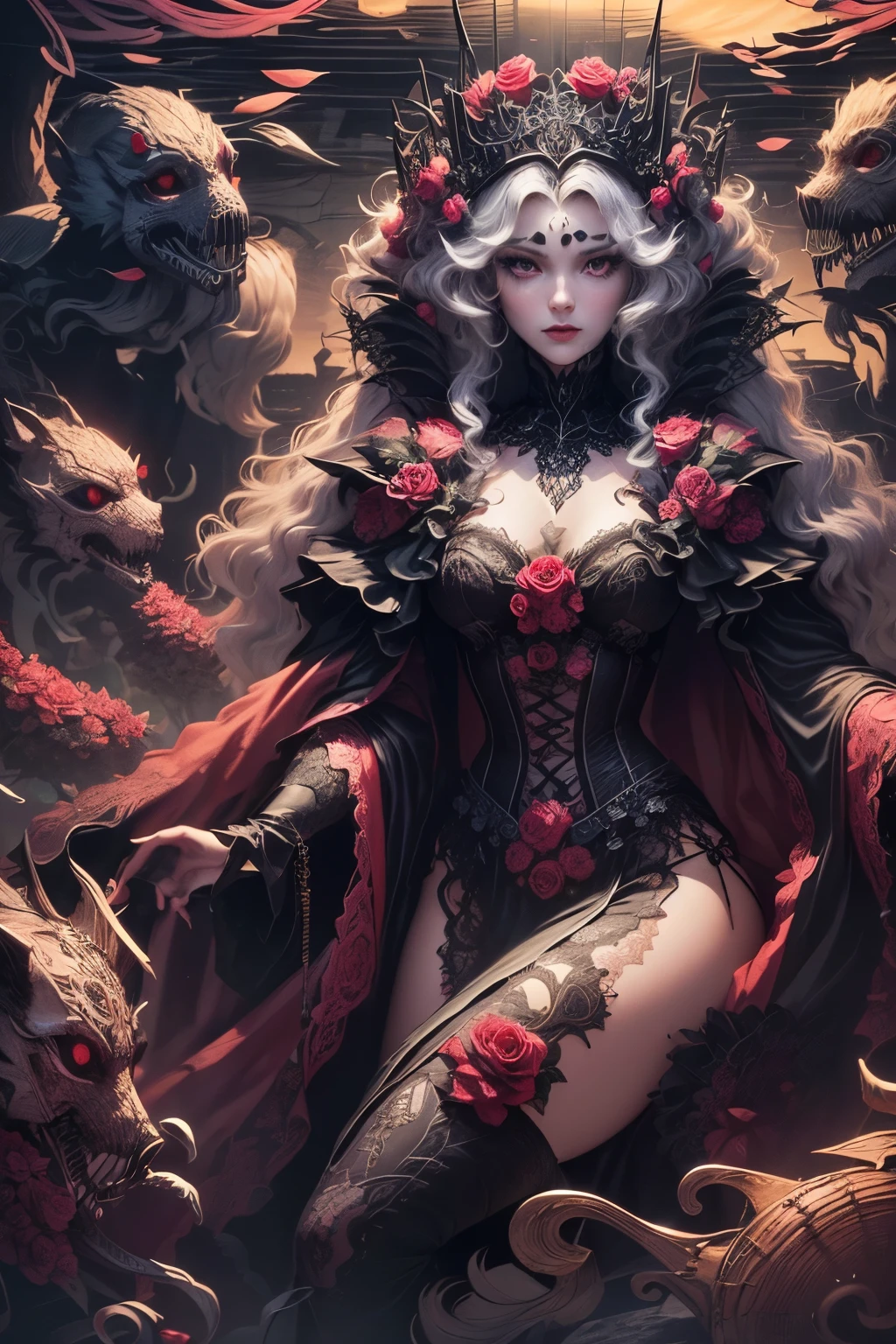 (Ultra-detailed face, Looking Away, Gothic Illustration, Dark Tone Colors.) , BREAK
(The reddish moon makes the roses glow with a deep crimson color. The park is modeled after an old-fashioned garden in the Romanesque architectural style of medieval Europe. Particles of red-colored glowing light are drifting all around.) , BREAK
(The queen of the crimson roses is gracefully twirling rose petals with both hands in bold poses and large movements. Speed Lines. She is surrounded by colorful roses and sharp thorny branches.) , BREAK
(The queen of the crimson roses wears a Venetian mask with a rose motif, mixed black and red hair and eyebrows, a crisp fringe, long wavy hair reaching to her hips, small rose lips, rosy eyes, light gray skin, and eyeliner.), and (She wears a net covering her neck and a shiny rose-colored bib necklace. She wears a classic medieval European-style lace-up dress of jet-black fabric embroidered with crimson roses. She wears rose-colored laced heels with thin rosy laces.)