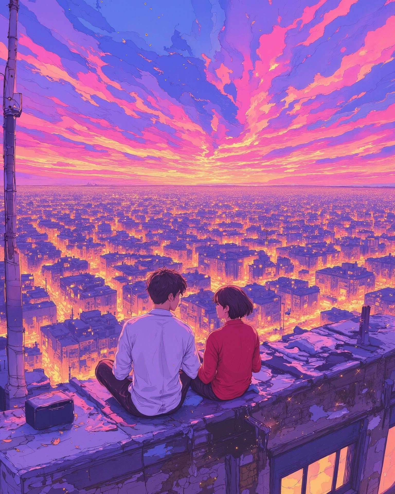 A breathtaking anime-style cityscape at sunset, inspired by Makoto Shinkai's art. The sky is painted in vibrant hues of pink, purple, and orange, with scattered clouds reflecting the warm glow of the setting sun. In the foreground, two friends sit on the edge of an old rooftop, facing the city skyline. One wears a white shirt, the other a red shirt, both gazing at the distant horizon. TV antennas, satellite dishes, and urban elements add realism to the scene. Birds soar in the sky, enhancing the dreamy atmosphere. The city below is illuminated with golden streetlights and windows, creating a cozy yet nostalgic feel. The perspective captures depth, showing the vastness of the city stretching towards the horizon. The image has soft lighting, gentle shadows, and cinematic framing."