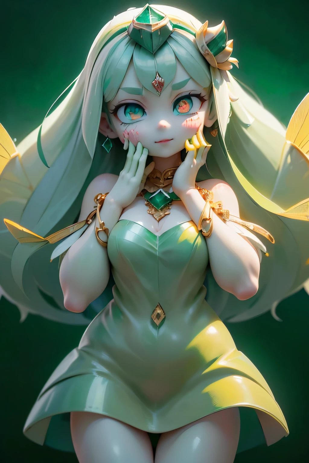 solo, female,cute, cute,small ,skin tone is white in,(succulent plant succulent fairy:1.5),(Skin color is white:2.0),(Anatomically Accurate Hands:2.0),(  ballerina pose  :1.5),(emerald green jewel-like eyes:2.5),(Yellow-green shiny semi-long hair:2.0),(  background is blue sky  とBeautiful fresh green  の森:1.5),(It's accurate even with perfect hands:1.2),(laughing:1.2),(in、背景は青空とBeautiful fresh green の森 {x} A beautiful and luxurious dress like a large transparent dragonfly or agave feathers growing on the back:1.7),(  metallic green:1.5),big cute smile,(非常に詳細なCGwallpaper:1.5),[Dragonfly Wings:1.5],(  background is blue sky  , Beautiful fresh green  , and agave forest:1.5),(8k,very well detailedCGユニットのwallpaper, masterpiece,high resolution, real skin texture ,surrealism,increase resolution,RAW photo,Best Quality,very well detailed,wallpaper,movie lights,  Raytrace  ,table top to pinch,(Face Light:2.0),(Increase overall color saturation:2.0),(cowboy shot:1.5),