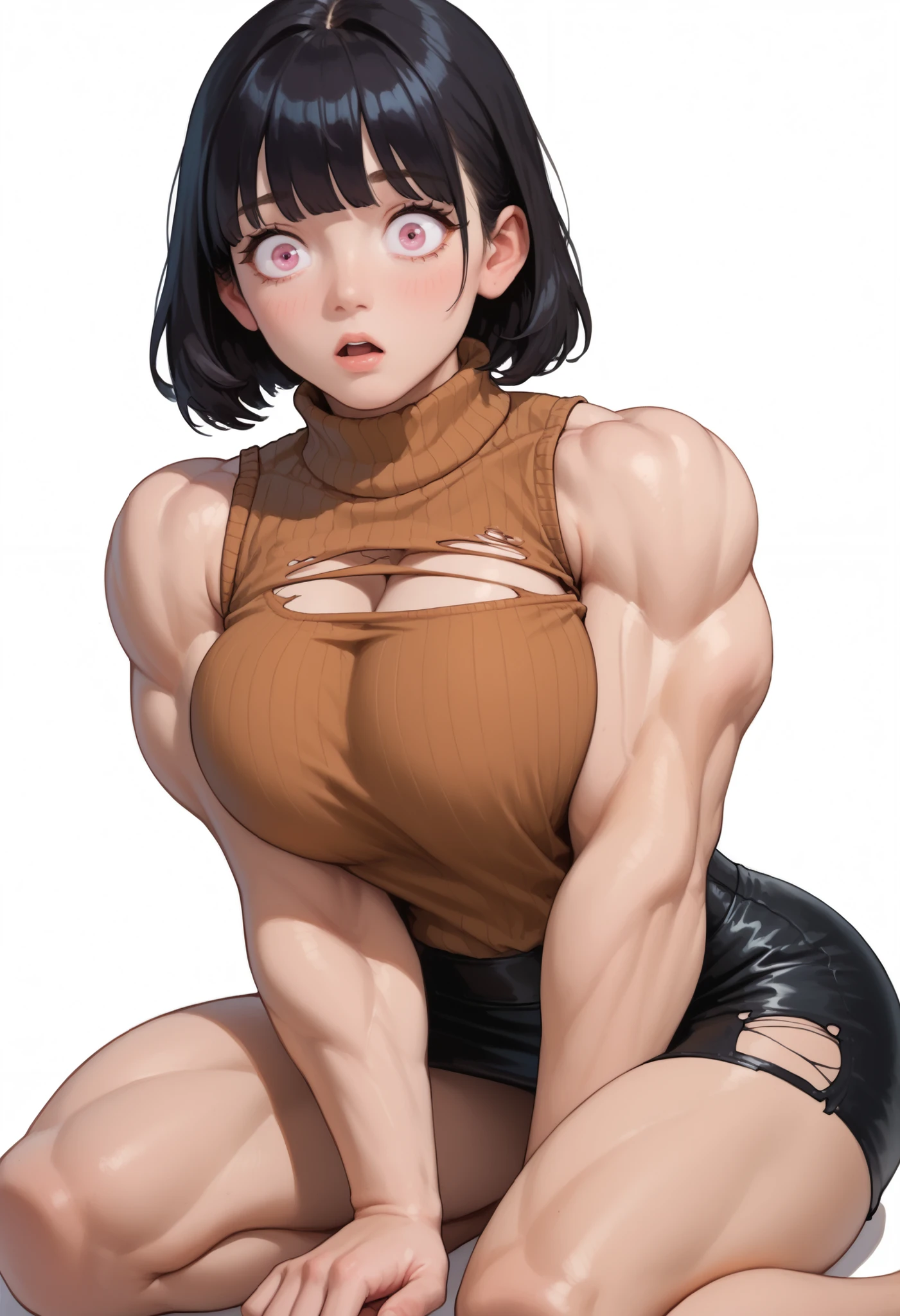 ((White background)) ((Russian girl)) (solo), 1 girl ,(30 years old), rathing_questionable (Brown sleeveless turtleneck sweater:1.4) (Black leather A-line mini skirt:1.2), (Short black hair with bangs), (narrow-eyed) pink eye ,((hyper muscular:0.9)) ((big breasts:1.1)) ,sexy, strong , ((muscular)) tall , shy (Flexing arm:0.8) ((Squeeze breast:1.2)) Shocked (Kneel on the floor) ((look up:1.2)) ((Put hand out)) (((Torn shirt:1.3)))