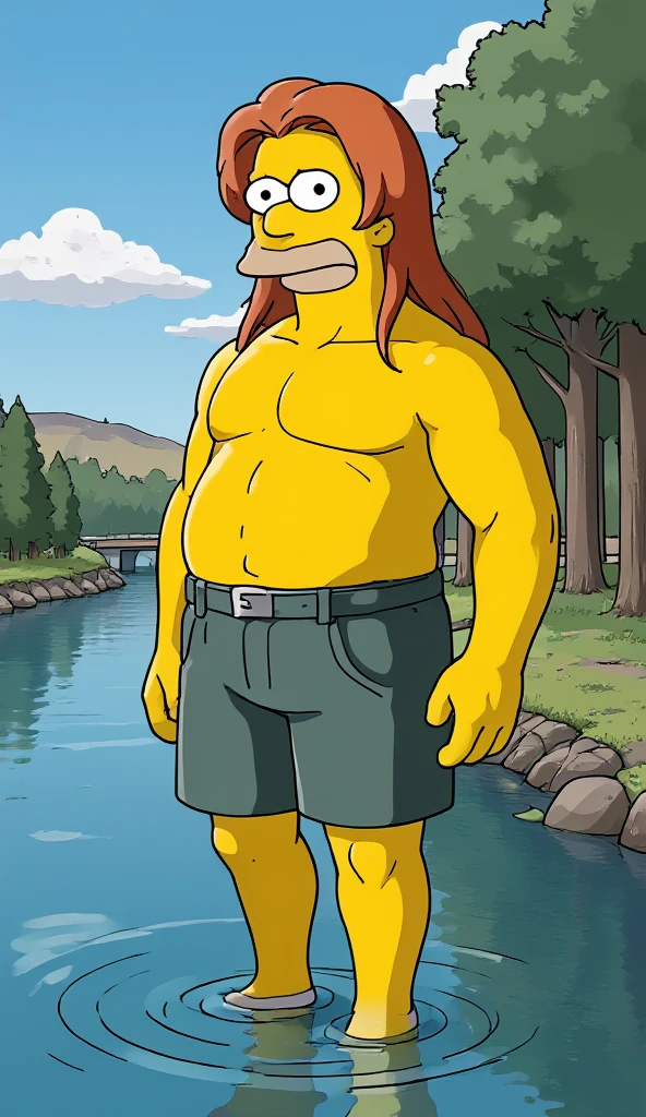 1man,((2heads)),small , full body, naked, overweight, ,long flowing brown hair, at a nudist Beach, serious, looking into the distance, bikini top,no facial hair, long flowing red hair,