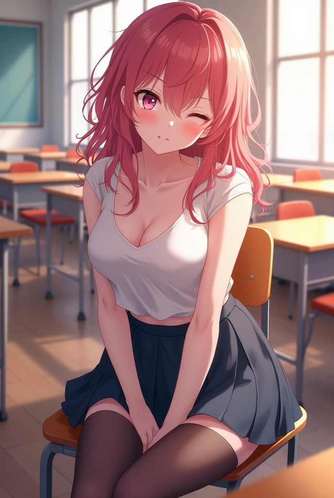anime girl with pink hair sitting on a chair in a classroom, seductive anime girl, hyperrealistic schoolgirl, a hyperrealistic schoolgirl, , realistic schoolgirl, smooth anime cg art, top rated on pixiv, smooth pink skin, (anime girl), beautiful alluring anime teen, anime. soft lighting, anime girl, made with anime painter studio, super huge tits, huge thigs, pervert bitch