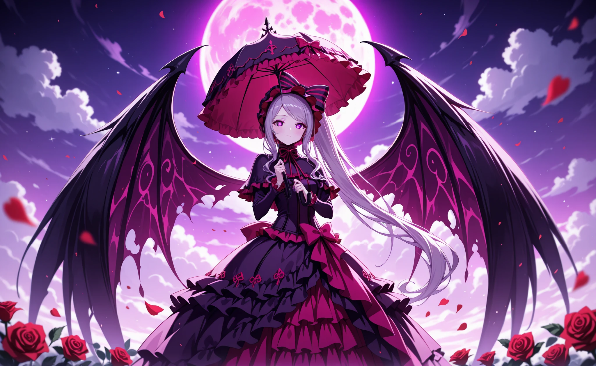 1girl,solo, shalltear_bloodfallen, crimson moon, detached wings, ethereal wings, feather wings, full moon, romantic atmosphere, shallow depth of field, rose petals, floating roses,giant wings, big wings, luminous light, purple pupils,looking at viewer, , billowing clouds, fog, unfurled wings, holding umbrella, holding, dramatic lighting, intricate detail, masterpiece, highres