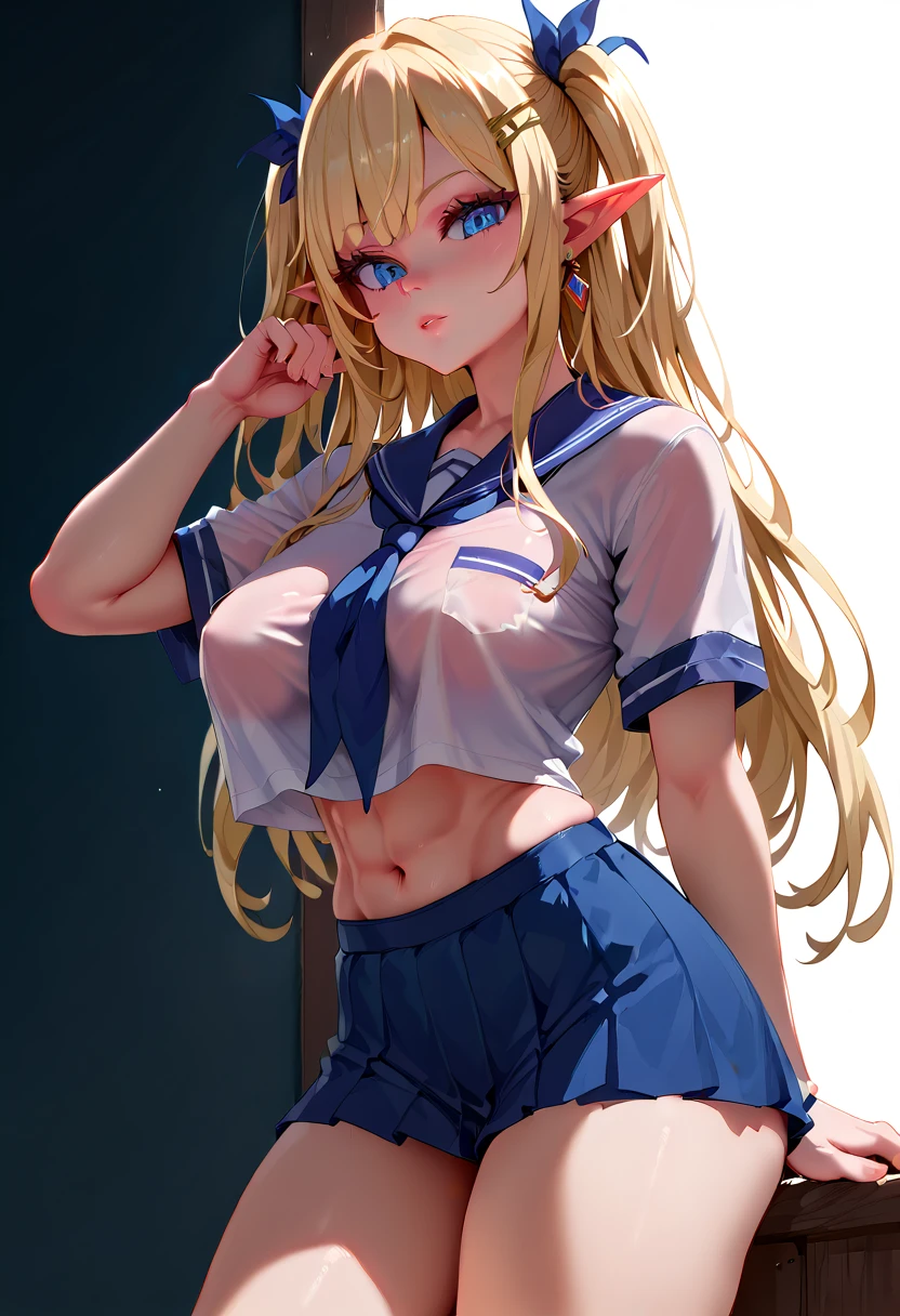 Browsing Caution:1.4, 8k, expensiveest quality, masterpiece, Vibrant, Real person, Unity 8k による壁紙, School classroom、Sit at a desk、Sit with your legs apart、(1 girl) , Beautiful Eyes, (Delicate face) , Perfect detail, (Best lighting) , (超Complexdetailed),、(Shooting from below:1.5)、Peeking out from under the skirt、Cowboy Shot、{Low Angle:1.4}、Showing panties、Laughter、Smiling girl、expensive , {Navy Blue Blazer:1.2}、{White shirt}、{Yellow ribbon}、{Grey pleated skirt}、((Small breasts:1.2))、Wearing a proper uniform、(1 girl),(Beautiful Eyes、detailedに描かれた、Look at the detailasterpieceサイドライト、masterpiece、expensiveest quality、detailed、High resolution illustrations),Delicate makeup, (close:1.2)、throw、Soft focus ground bokeh、Turn to me and smile,black eye,Half-up hairstyle with short bangs((blonde)))、Curly Hair,short hair, ((Low twin towel:1.3), (Short pigtails:1.3), 非常にdetailedな, Complex, Tabletop, Small Ass、thin texpensives