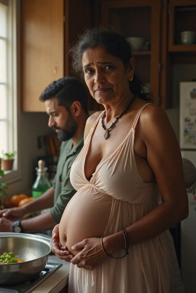 photo of Voluptuous Mature Indian Aunty, Wearing Blue Tight Kurti and White Stole tied around her neck, Large U Cut cleavage exposed, Standing in the Kitchen and cutting Vegetables, Turning her head and Kissing a Young Boy standing Behind Sensually.