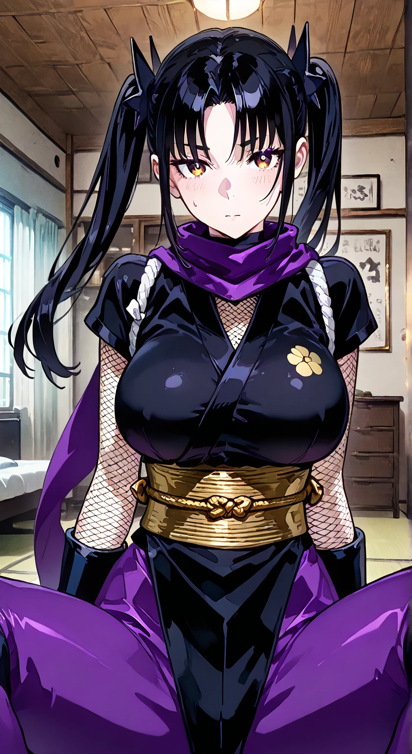Big breats Long black hair black eyes girl wearing chinese dark purple ninja cloth and black fur coat black fur scarf. Purple demon horns chest skin visible