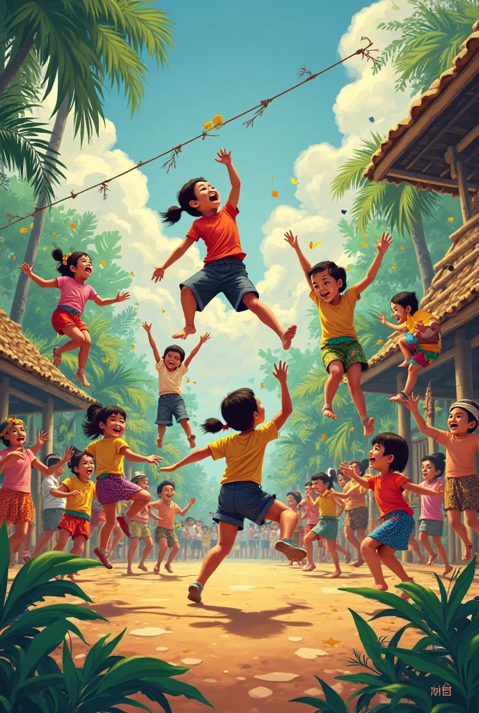 Landscape 20 Children and 1 teacher climbing the greasy pole with the backdrop of Indonesia's August 17th independence celebration.