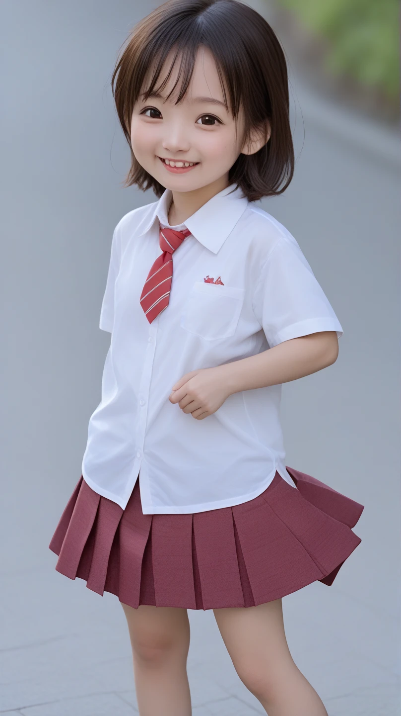 Fashion photography of ren, school uniform and skirt, strong sense of design, medium shot, 8-yeatle girl from Hong hair, hair accessories, delicate skin, happy laughing, simple background, high texture, glare backlight, photography Shed Professional Lighting