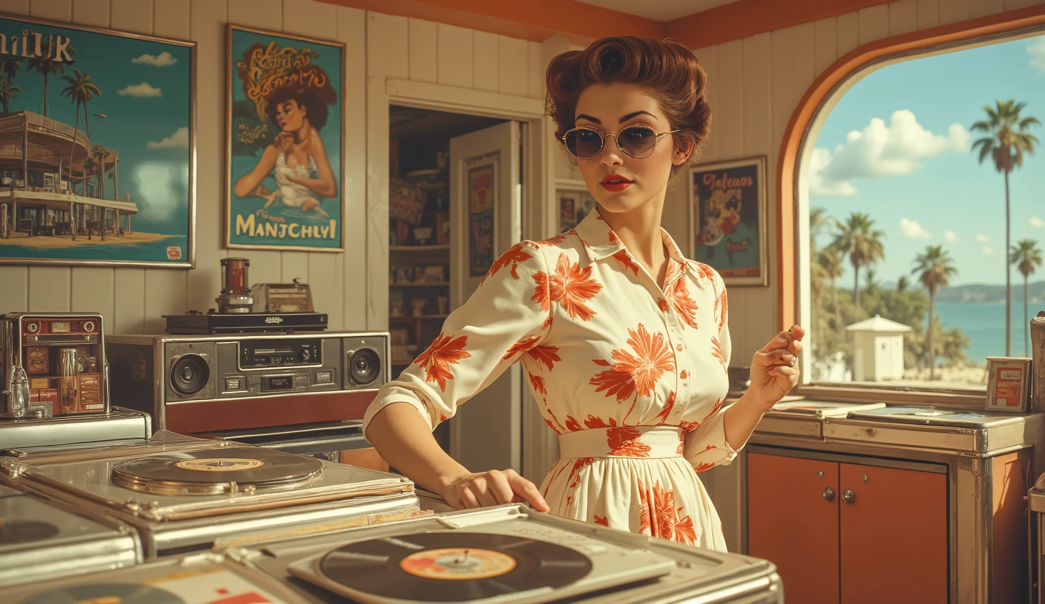 A stylish 1960s woman flipping through vinyl records in a colorful open-air record shop, wearing a bold floral blouse and mini skirt, round sunglasses, tropical posters on the walls, palm shadows, vibrant sunlight and vintage jazz vibes