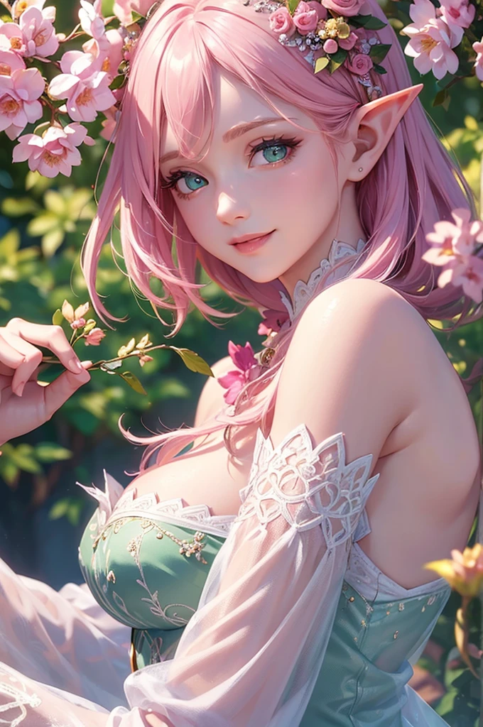 (masterpiece, best quality), intricate details, thin, ((slim)), beautiful girl, Light pink hair, light purple eyes, sharp jawline, Looking forward in serious, Dress , messy hair, lips, upper body, smirk, Green background, Transparent skin