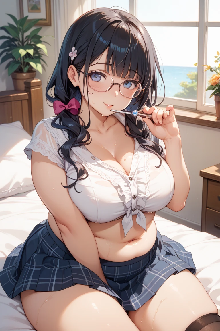 Cute girl, short black hair, black eyes, pigtails, Round glasses, tongue out of mouth, big boobs, short shorts, big