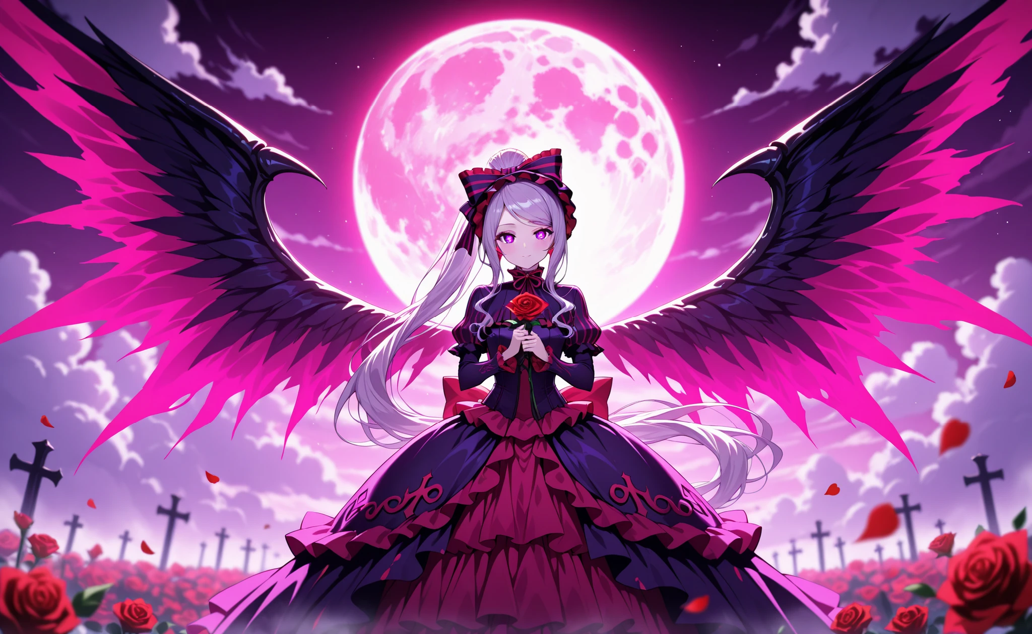1girl,solo, shalltear_bloodfallen, crimson moon, detached wings, ethereal wings, feather wings, full moon, romantic atmosphere, shallow depth of field, rose petals, floating roses,giant wings, big wings, luminous light, purple pupils,looking at viewer, , billowing clouds, fog, unfurled wings, holding, dramatic lighting, intricate detail,masterpiece, highres, very awa