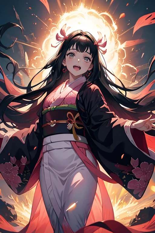 anime, hdr, soft light, ((best quality)), ((masterpiece)), (detailed), <lora:kamado_nezuko_offset:1> kamado nezuko, black hair, forehead, open mouth smiling, eyes closed big fangs, very long hair, hair ribbon, japanese clothes, pink kimono, multicolored hair, pink ribbon, cleavage, standing, destruction, kimetsu no yaiba style, sparks, <lora:kimetsu_no_yaiba_style_offset:0.5> <lora:LAS:0.6>