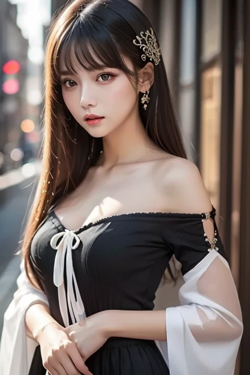 (best quality, masterpiece), 1girl, intricate details, off shoulder, skirt, choker, frills, see-through, looking at viewer, blush, upper body, blurry background, floral print, contrapposto