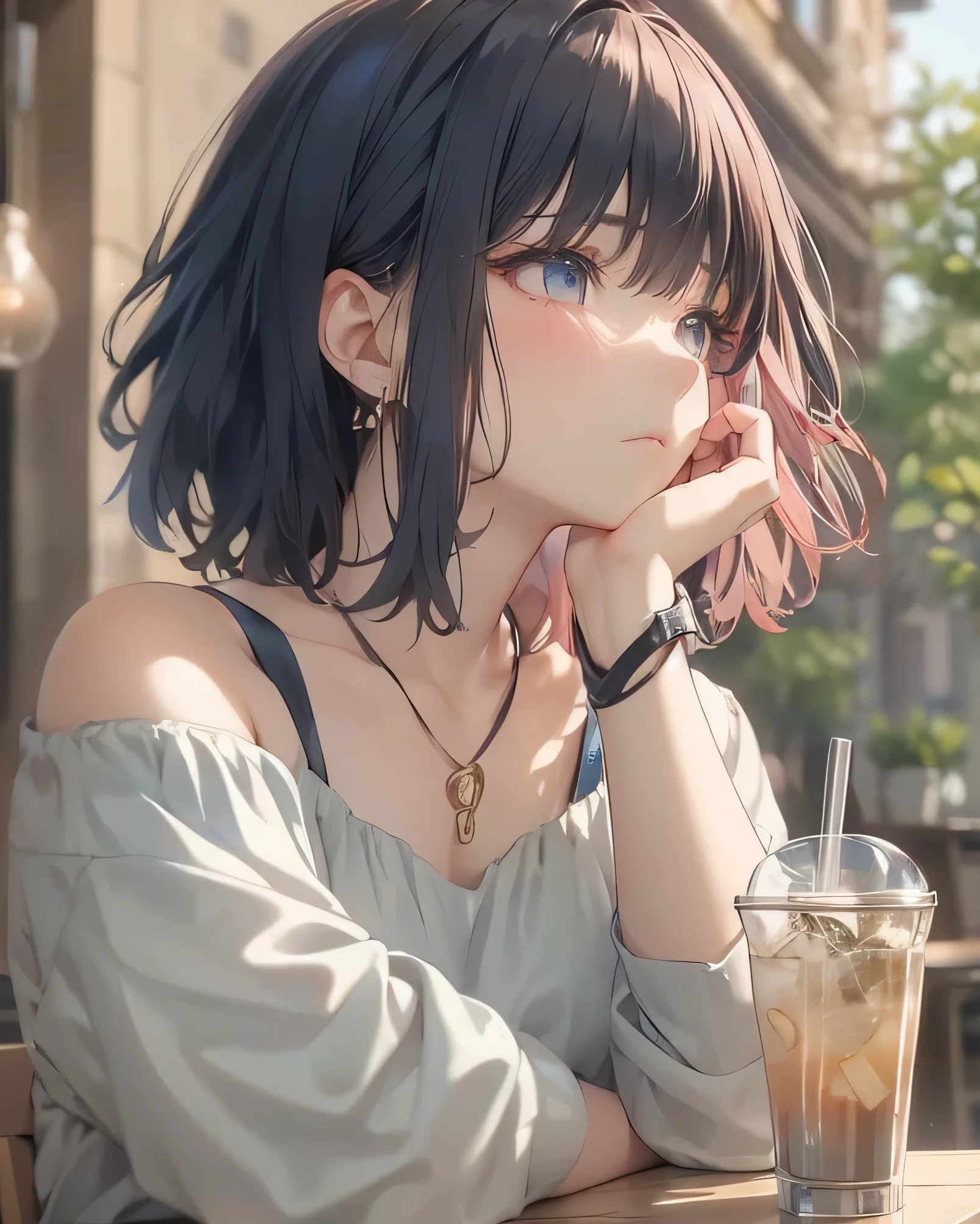 Anne Nuit、Dissatisfied face、profile、pretty girl with her elbow to support her cheeks and sharpen her mouth。Iced Tea、play with a straw。Slightly short hair、High quality 32K 、 masterpiece wallpaper 、anime illustration、fantastic、 semi-real 、K-pop fashion、stylish cafe