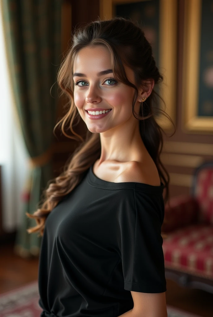 (Best Quality,hight resolution), Woman with long golden hair, 年轻, modern clothing, Vibrant colors, Porcelain Skin, Expressive eyes, playful grin, alluring charm, Stylish clothes, dreamy ambiance, Soft lighting, Intricate details